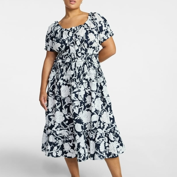 Smocked Waist Navy and White Floral Midi Dress - Picture 2 of 5